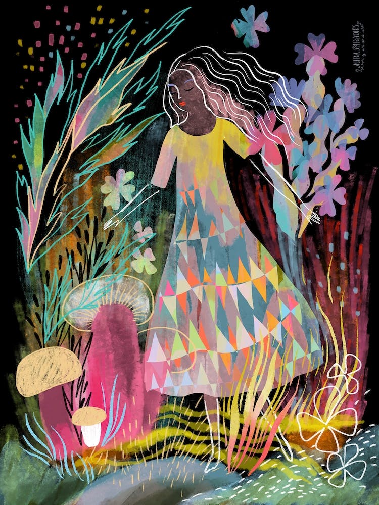 Lady In Magic Mushrooms Forest