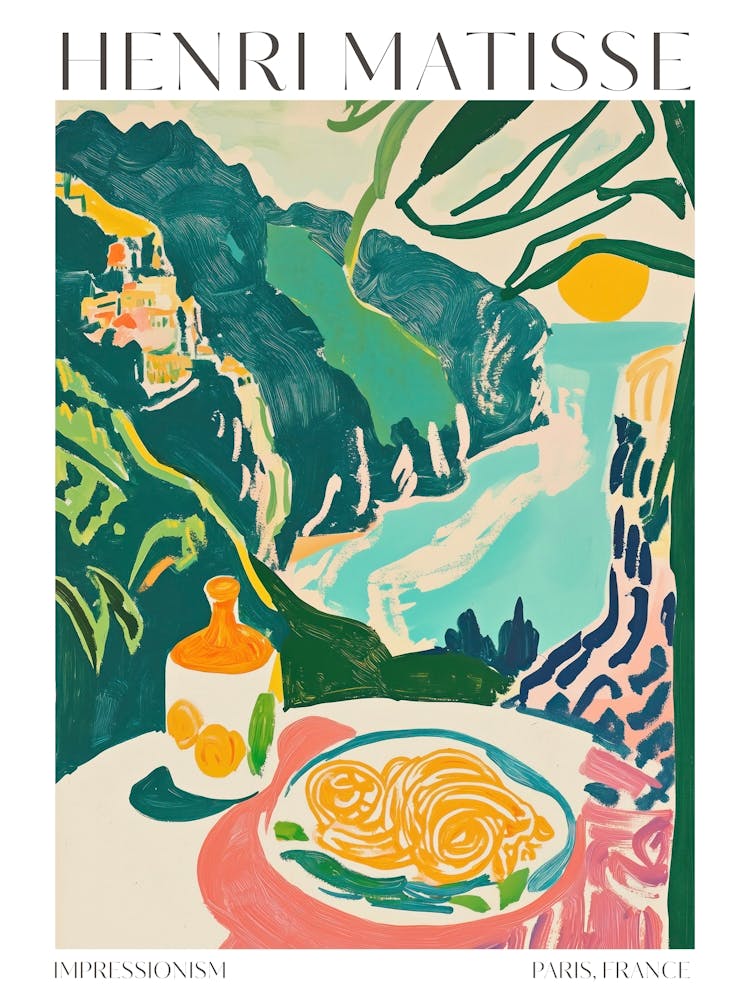 Henri Matisse Print Impressionism Dining Beach Scene Pasta Food Wine Colorful French Decor Vintage