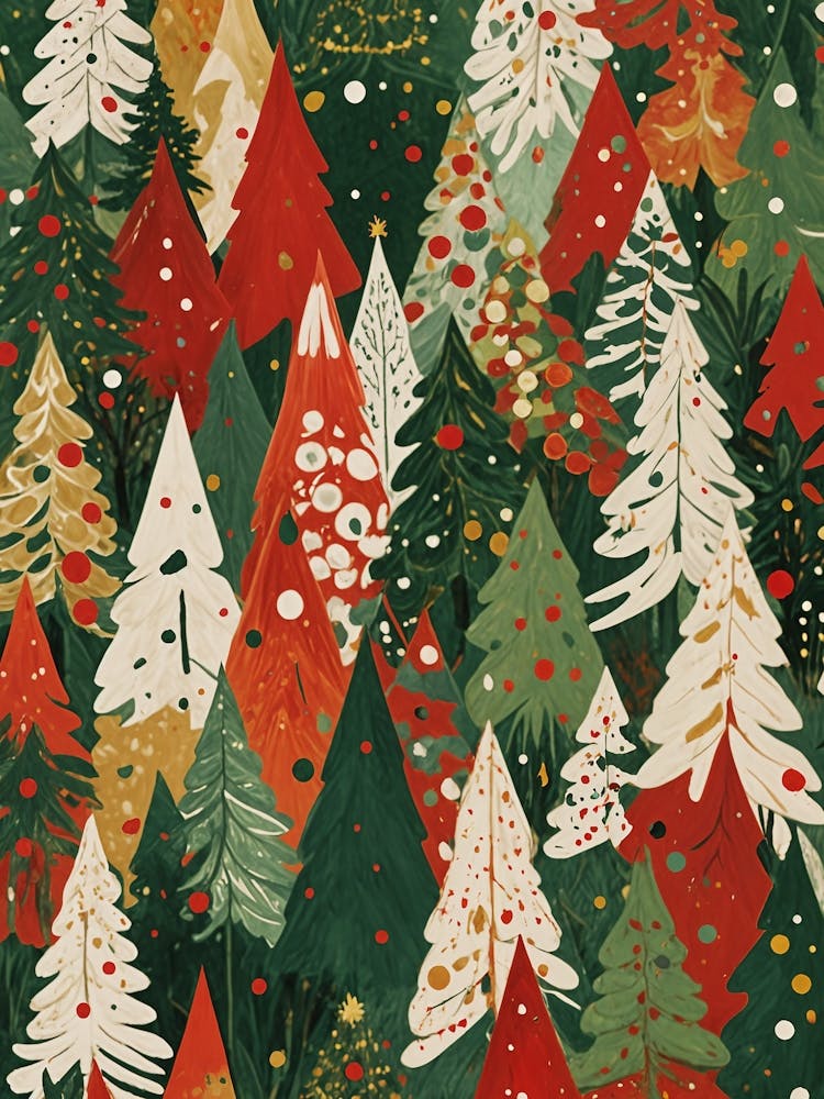 Abstract Christmas Trees in Red, Green, Cream