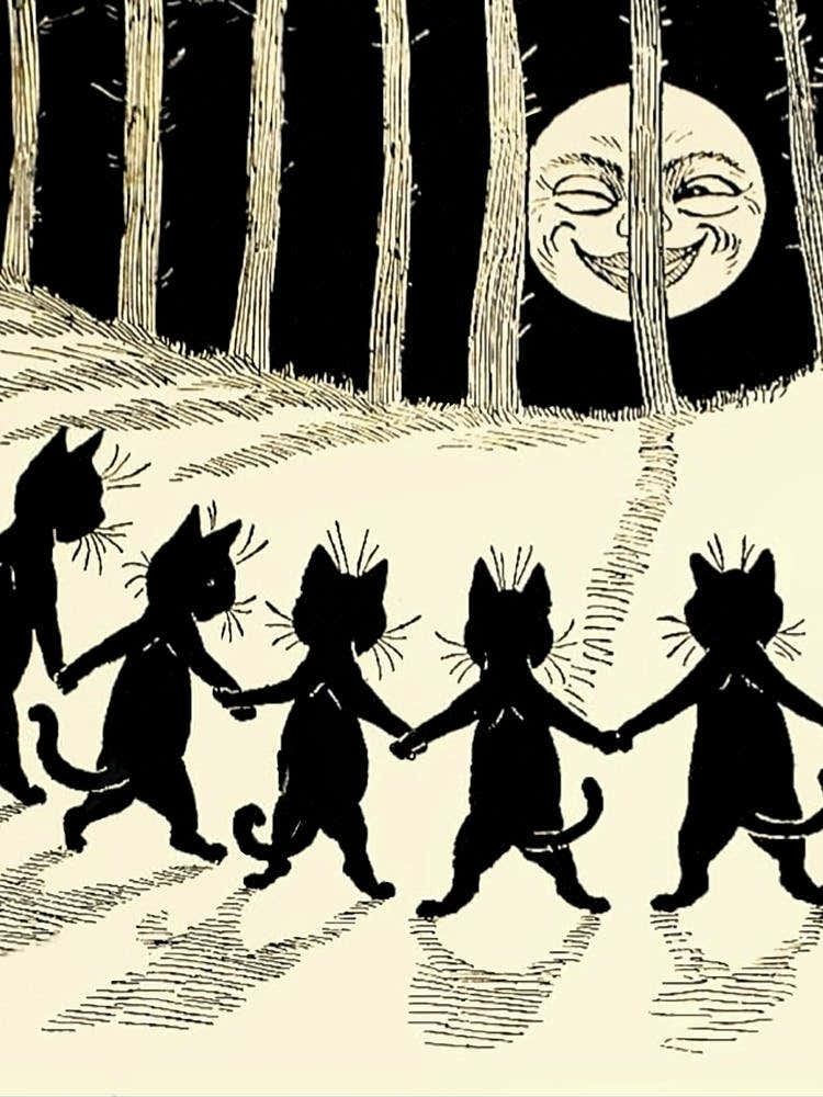 The Wink by Louis Wain - Famous Vintage Black Cats Dancing by The Smiling Full Moon - Retro Kitties Dance in the Moonlit Forest - Witchy Pagan Fairytale Magic