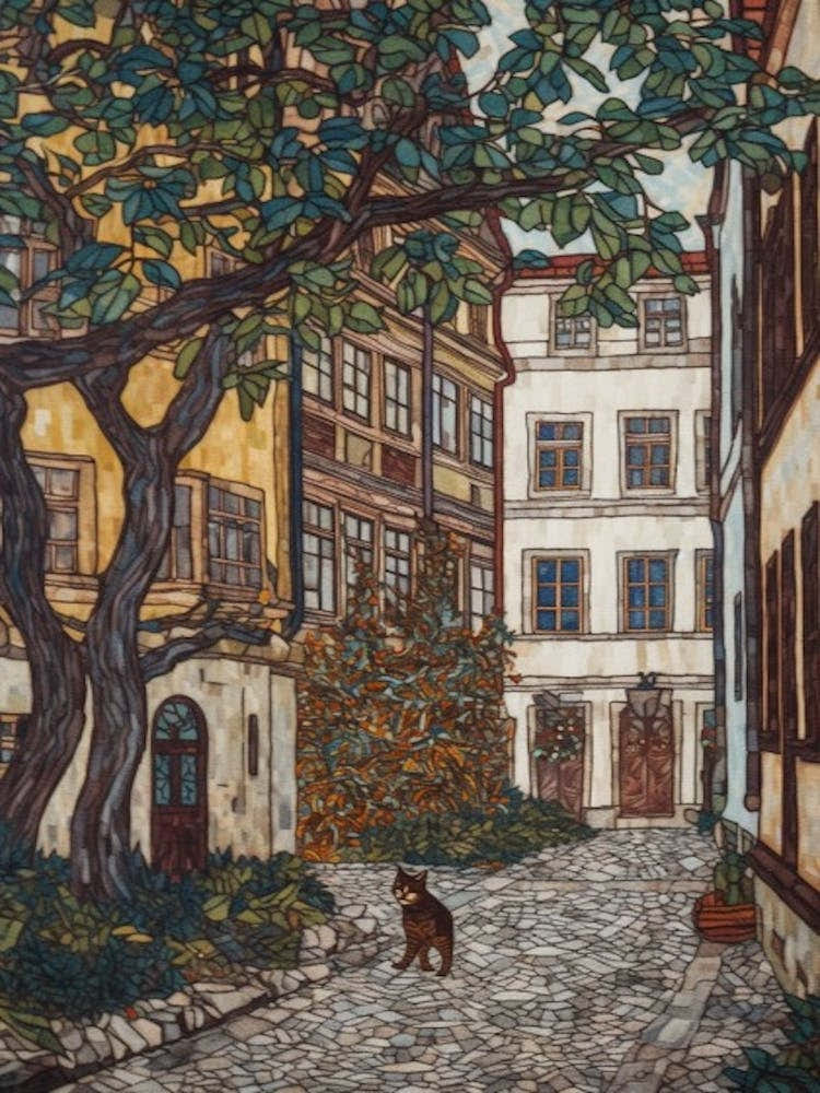 Painting Of Vienna With A Cat In The Style Of William Morris 4