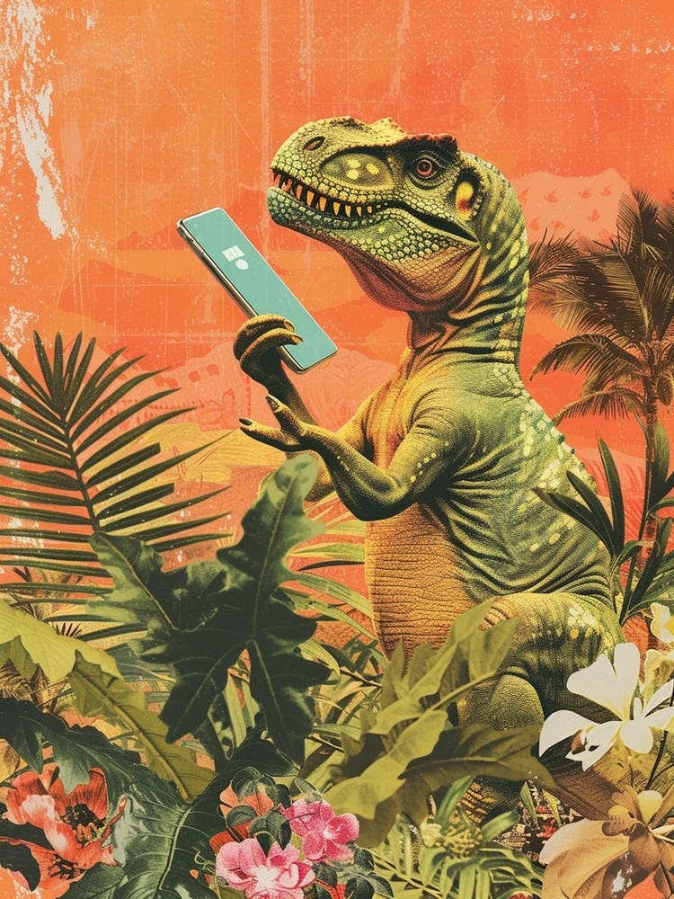 Dinosaur Holding A Smart Phone Retro Collage