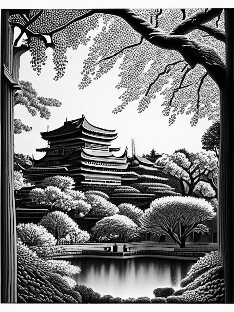 Osaka Castle Park, Japan Linocut Black And White Vintage
