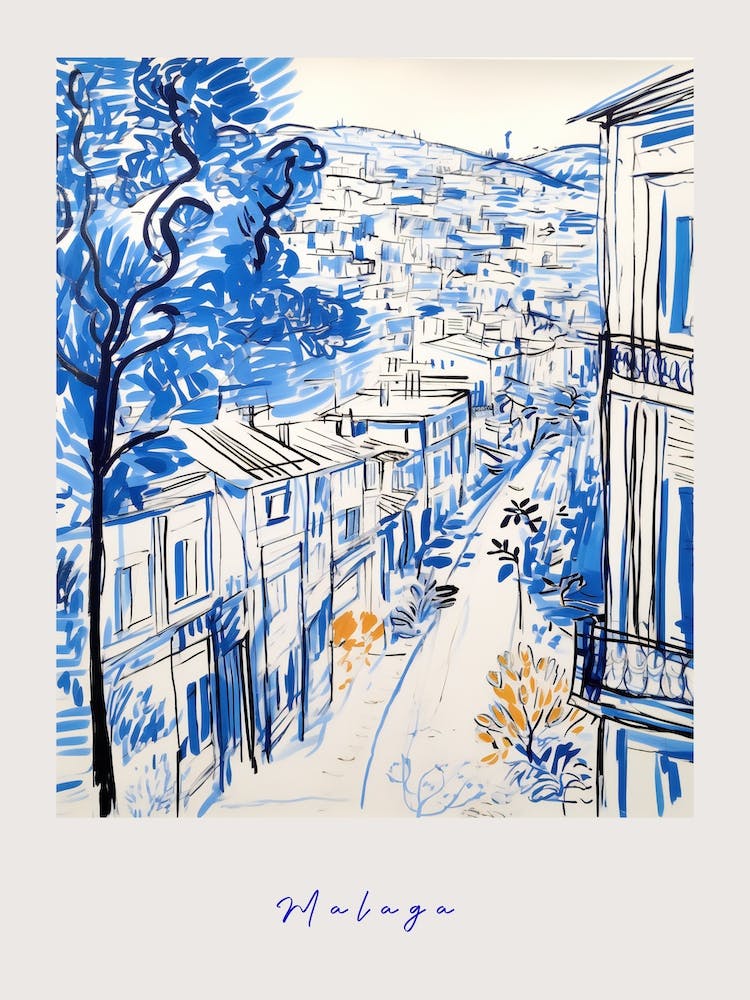 Malaga Spain 3 Mediterranean Blue Drawing Poster