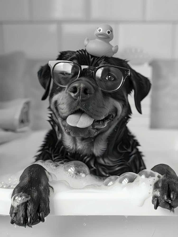 Rottweiler Bath Wall Art, Dog And Rubber Duck Bath Tub, Black And White Print, Dog Owner Gift, Funny Dog Poster, Bathroom Wall Decor