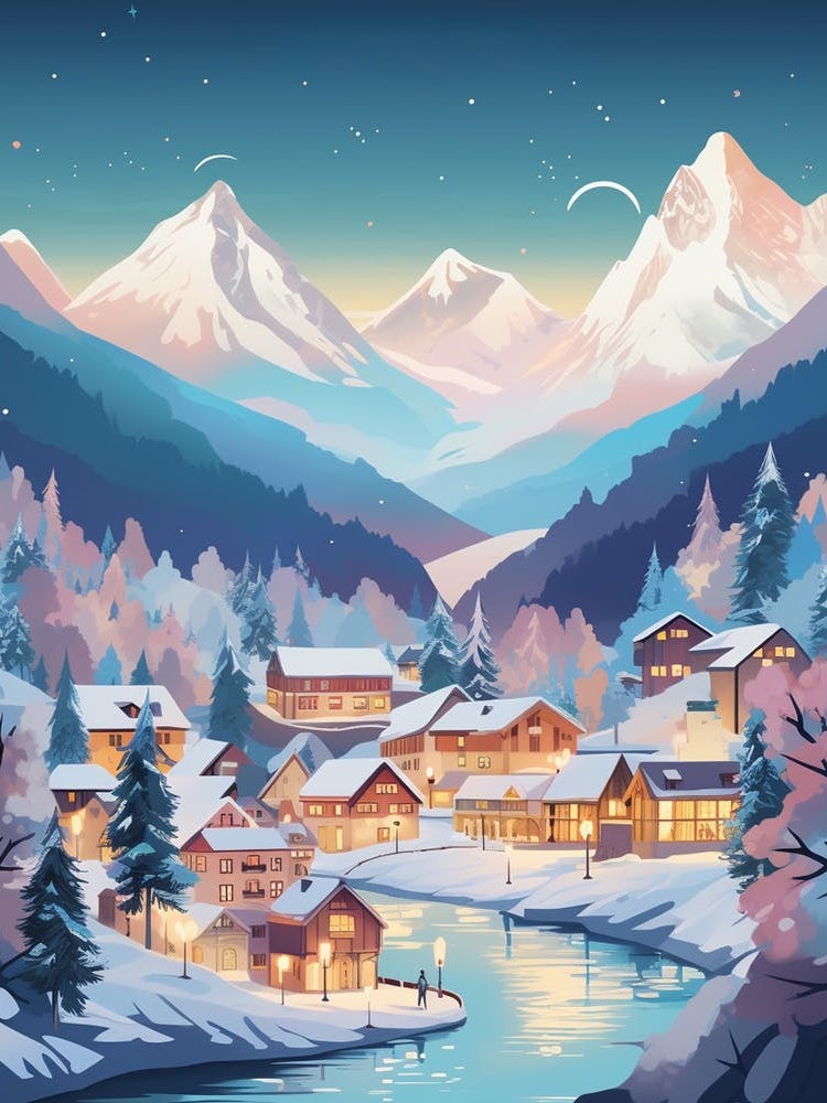 Winter Travel Night Illustration Chamonix France 2