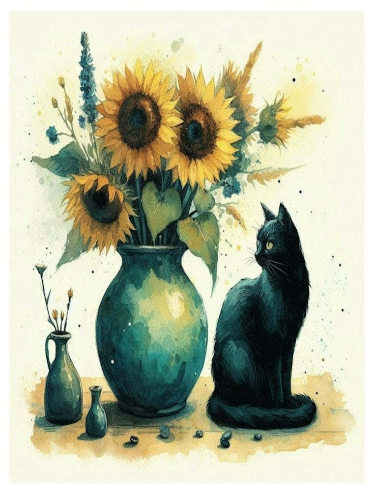 Black Cat With Sunflowers 2