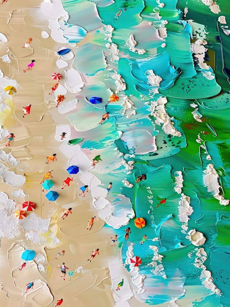 Beach Waves Aerial View Impasto Oil Painting Travel