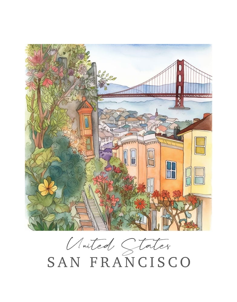 United States San Francisco Storybook 4 Travel Poster Watercolour