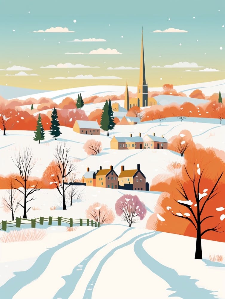 Retro Winter Illustration Cotswolds United Kingdom 1