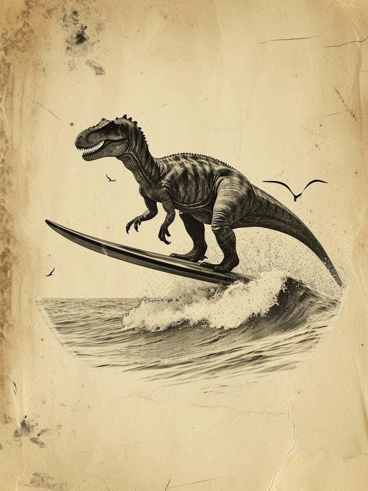 Vintage Giganotosaurus Dinosaur On A Surf Board 2
