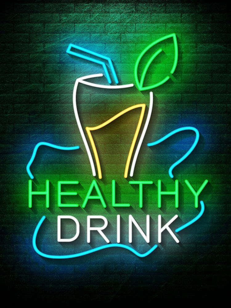Healthy drink — Neon food sign, Food kitchen poster, photo art