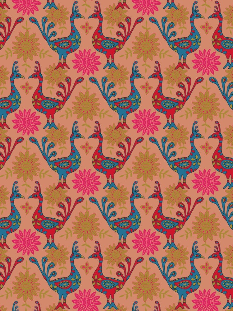PEACOCK GARDEN Bohemian Exotic Birds in Red Blue Green Fuchsia Pink on Blush Sand