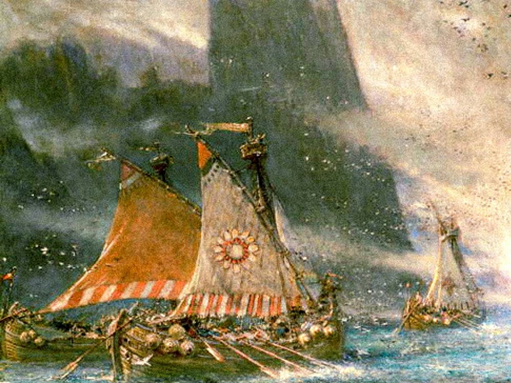 The Viking Sea Raiders by Albert Goodwin (1845–1932) - Norse Norway Denmark Scandinavian Mythology Odin Thor Freya War HD Remastered Painting, The Viking Sea Raiders by British Landscapist Albert Goodwin