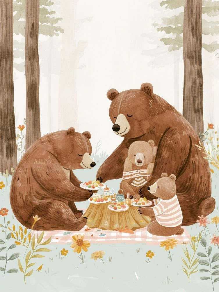 Brown Bear Family Picnicking In The Woods Storybook Illustration 3