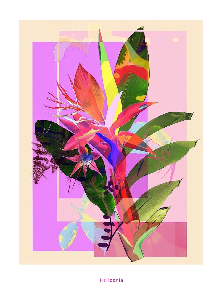 Heliconia 3 Neon Flower Collage Poster