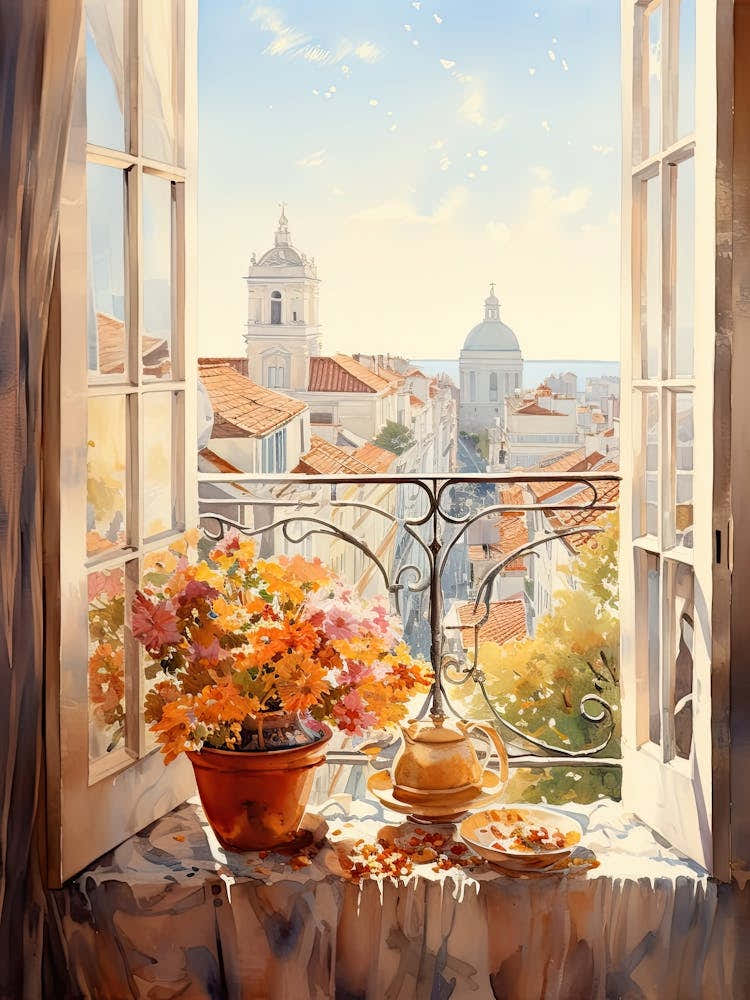Window View Of Lisbon Portugal In Autumn Fall, Watercolour 1