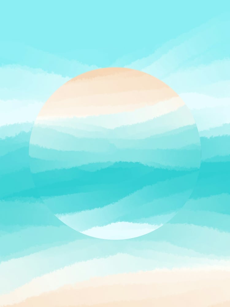 Minimal art abstract watercolor painting calm blue waves with planets