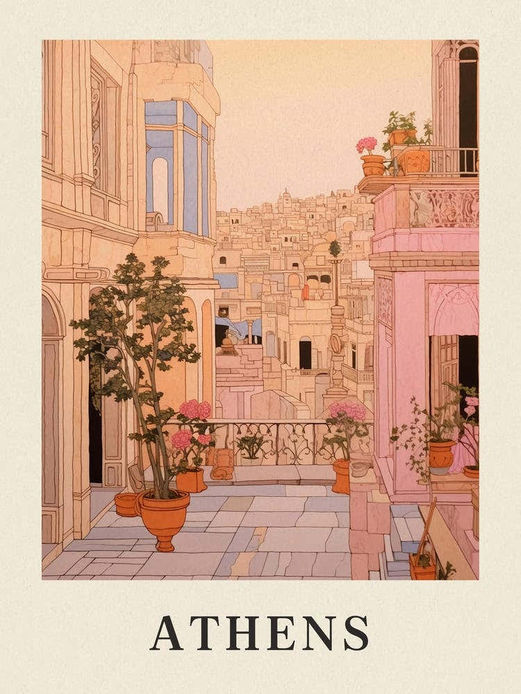 Athens Greece 1 Vintage Pink Travel Illustration Poster