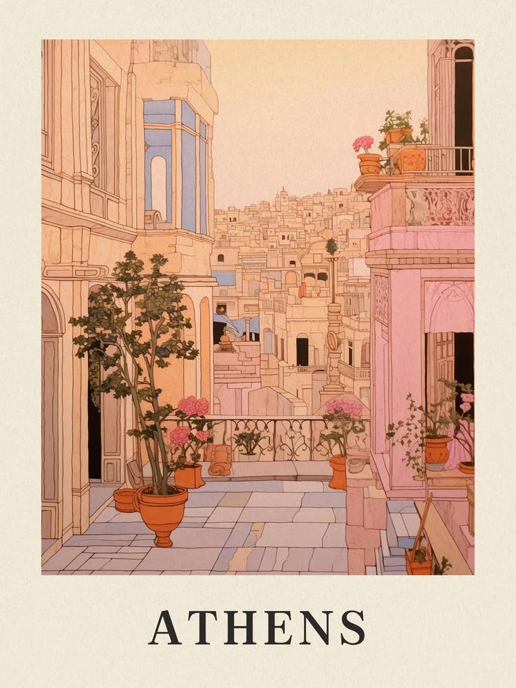 Athens Greece 1 Vintage Pink Travel Illustration Poster