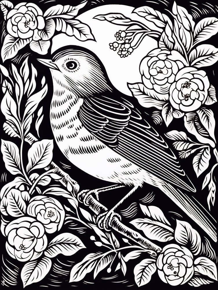 B&W Bird Linocut Robin 2