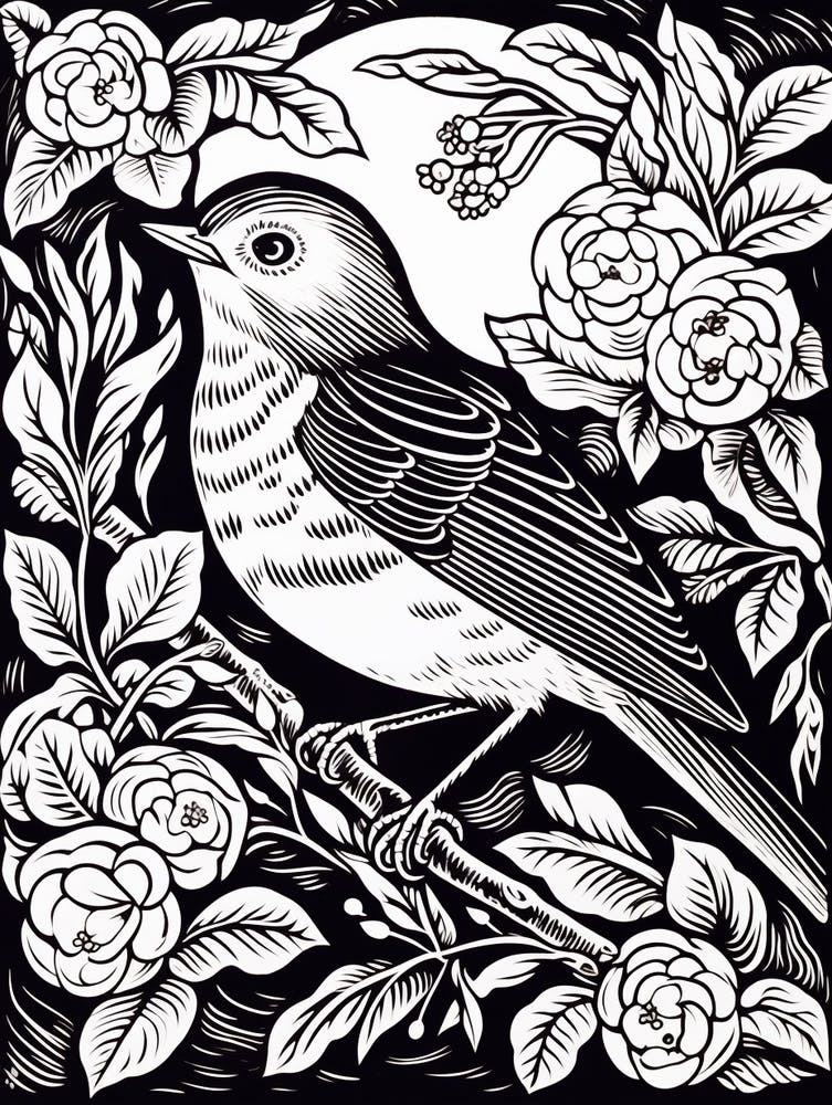 B&W Bird Linocut Robin 2