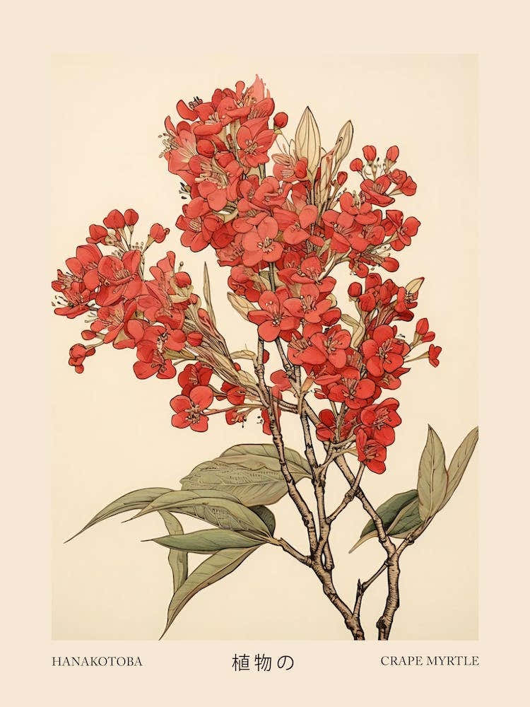 Hanakotoba Crape Myrtle 1 Vintage Japanese Botanical Poster