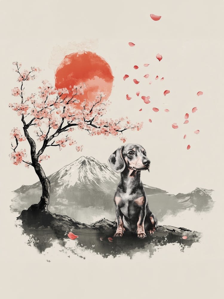 Dachshund Dog Japan Cherry Blossom