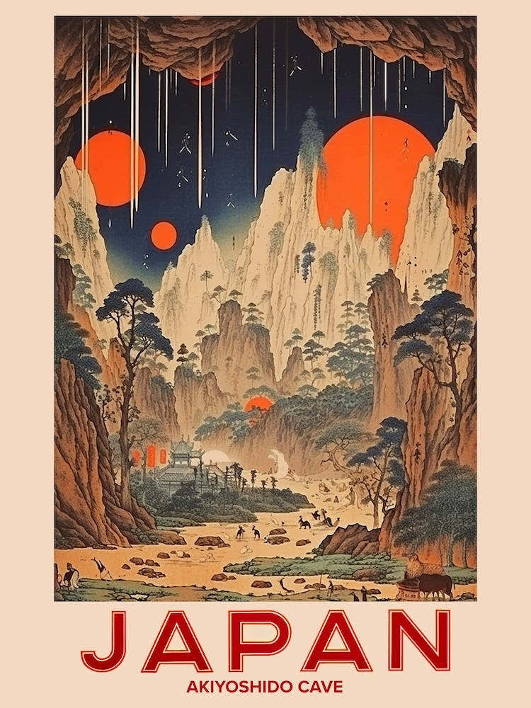 Akiyoshido Cave, Visit Japan Vintage Travel Art 3