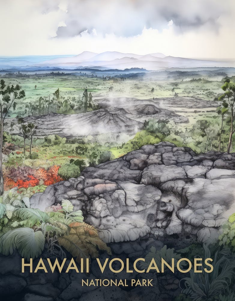 Hawaii Volcanoes National Park Watercolour Vintage Travel Poster 3