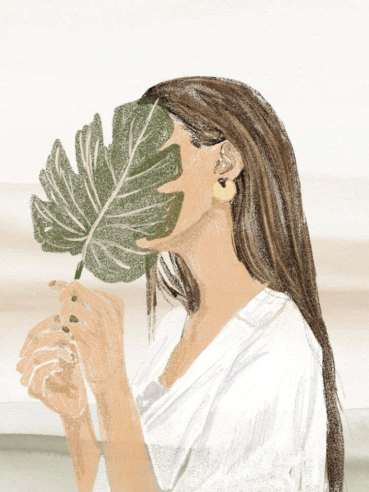 Woman Holding Leaf Boho Mid Century Modern