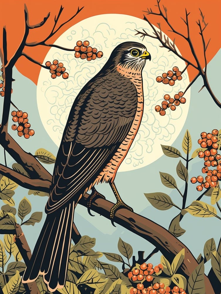 Vintage Bird Linocut Eurasian Sparrowhawk 2