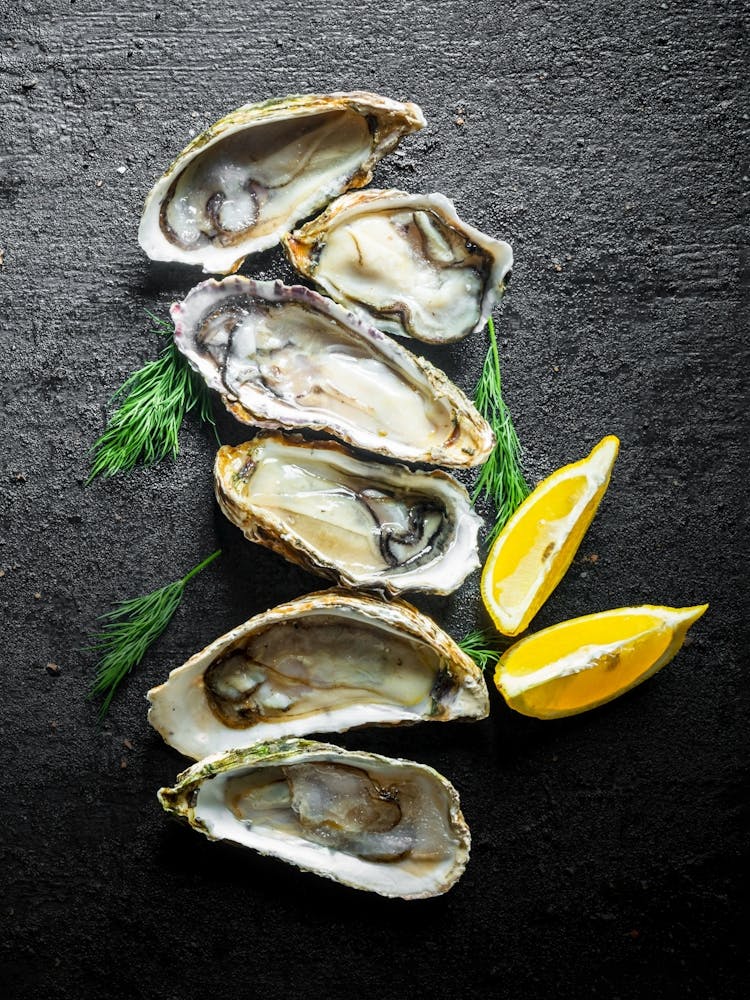Seafood. Fresh oysters, lemon — Food kitchen poster/blackboard, photo art