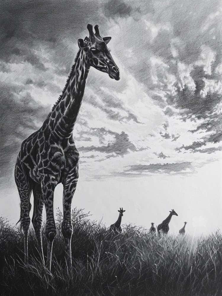 Herd Of Giraffes In The Sun Pencil Drawing 1