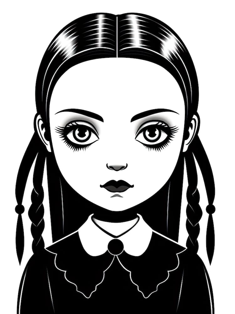 Black And White Portrait Of Wednesday Addams World Line Art Fan Art