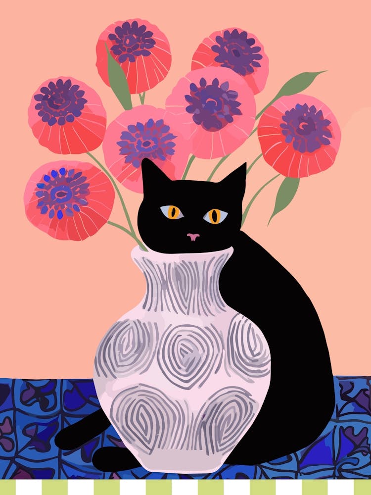 Lazy Black Cat With A Vase With Poppies Illustration