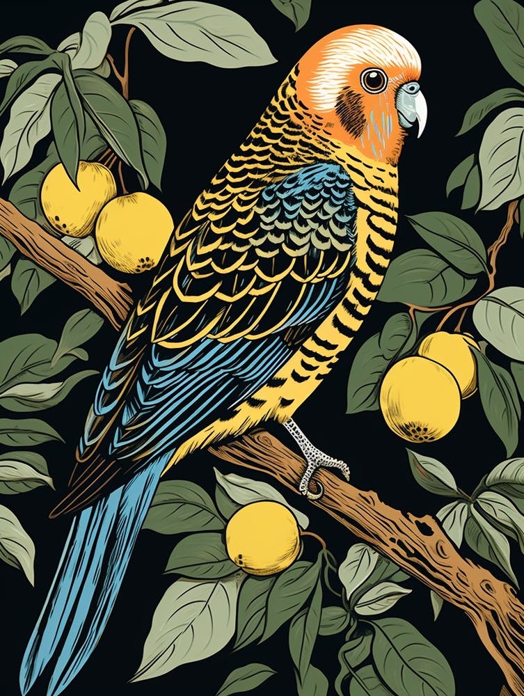 Vintage Bird Linocut Budgerigar 4