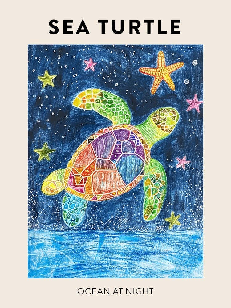 Sea Turtle At Night Crayon Poster 1