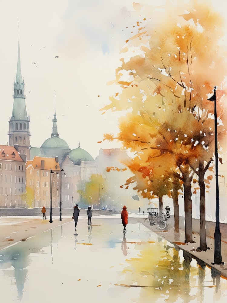 Copenhagen Denmark In Autumn Fall, Watercolour 1