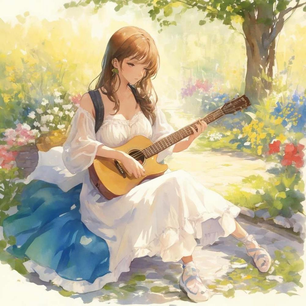 Beautiful Woman Playing Guitar In The Garde 0 (1)