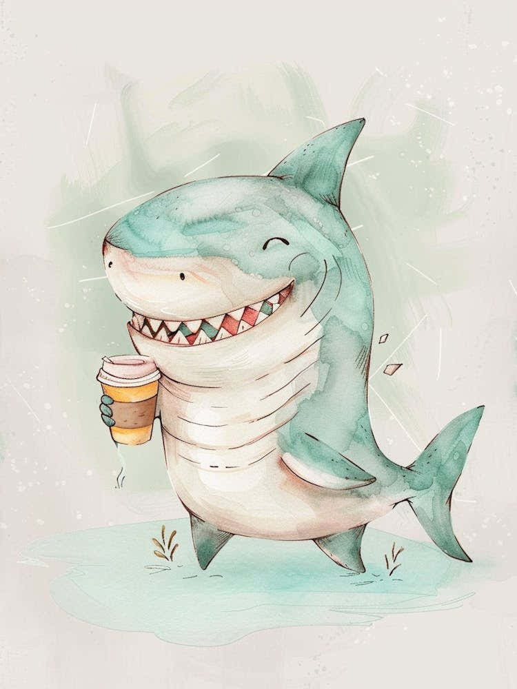Shark With A Takeout Coffee Watercolour Illustration