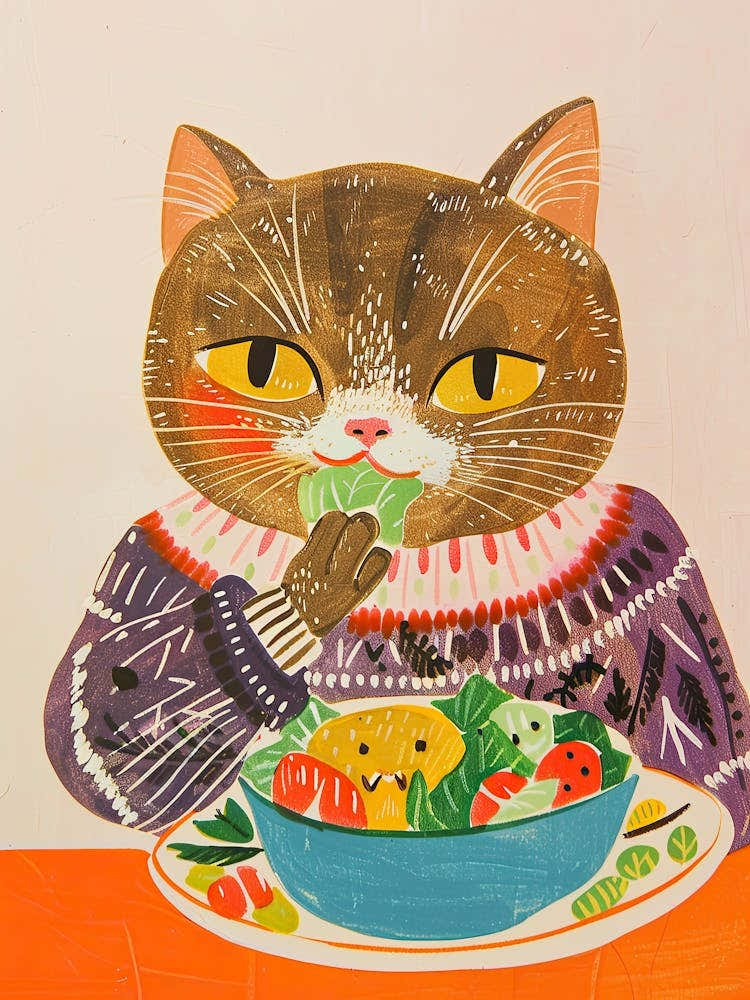 Cute Brown Cat Eating Salad Folk Illustration 1