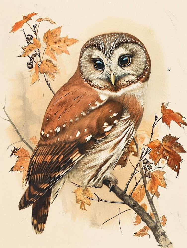 Northern Saw Whet Owl Vintage Illustration 4