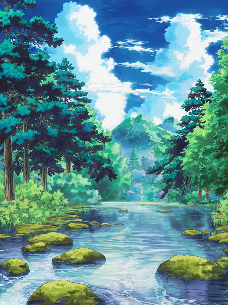 Anime Canvas Art: Vibrant Lofi Nature Scene for Home Decor, Serene Forest & Mountain Scenery, Perfect for Anime Fans