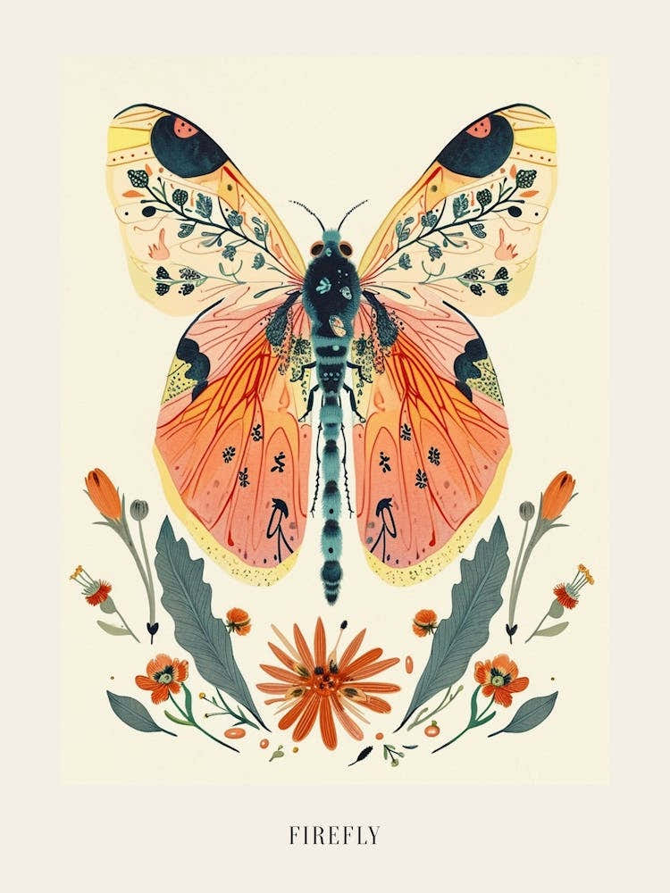 Colourful Insect Illustration Firefly 14 Poster
