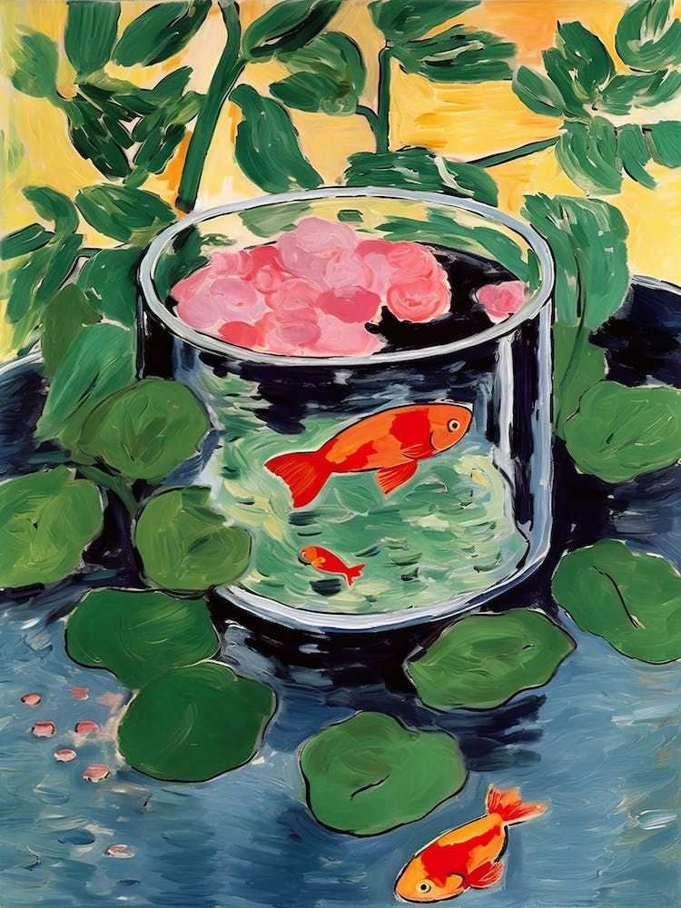 Goldfish In A Bowl With Plants Illustration Matisse Style