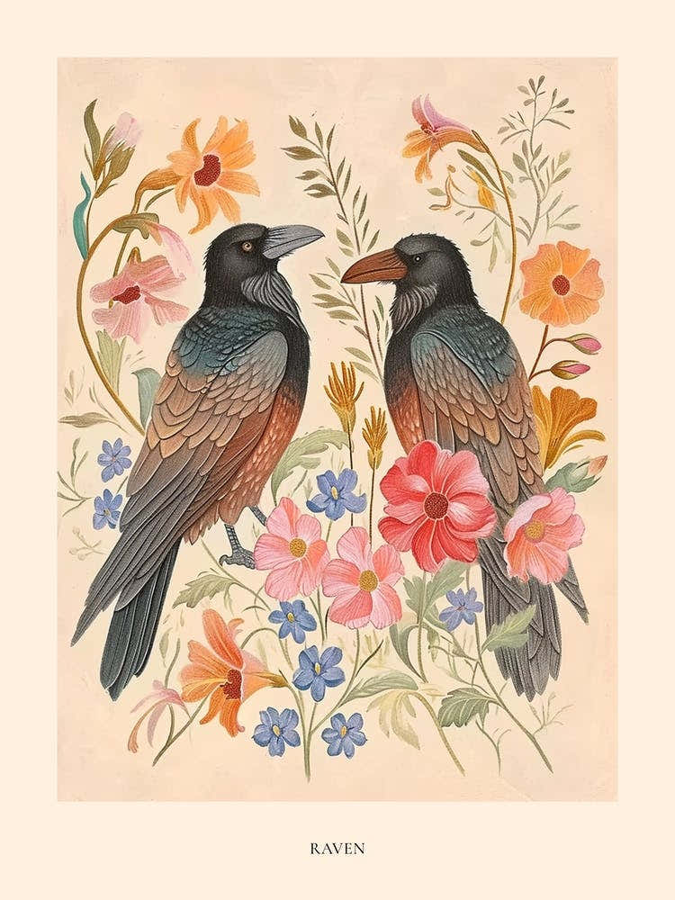 Folksy Floral Animal Drawing Raven 6 Poster