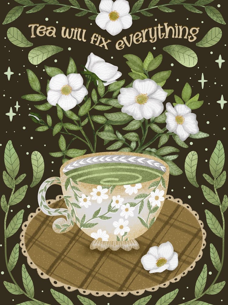 Tea cozy quote with a cup of tea