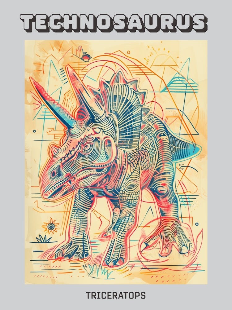 Sepia Linework Triceratops Poster