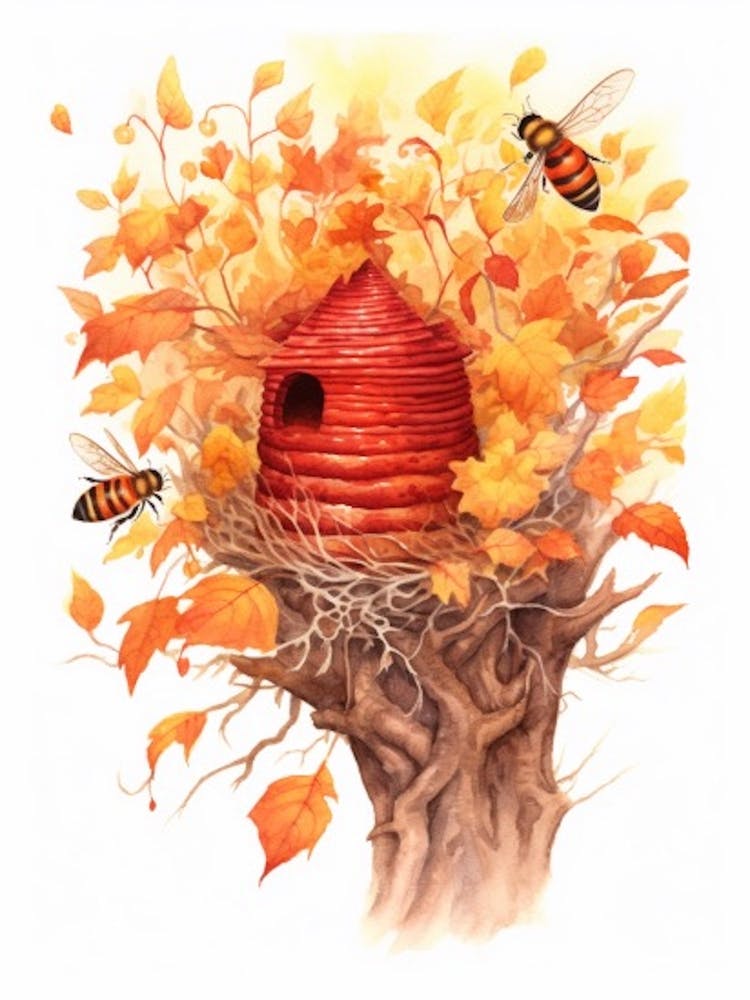 Red Mason Bee Beehive Watercolour Illustration 7